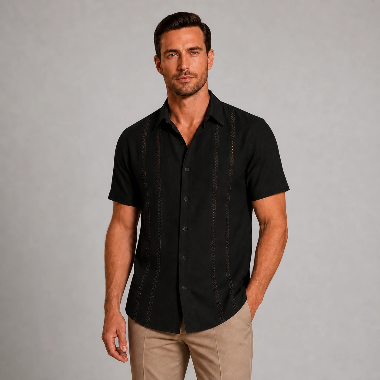 Mature model wearing the Black Cuban-inspired short sleeve shirt