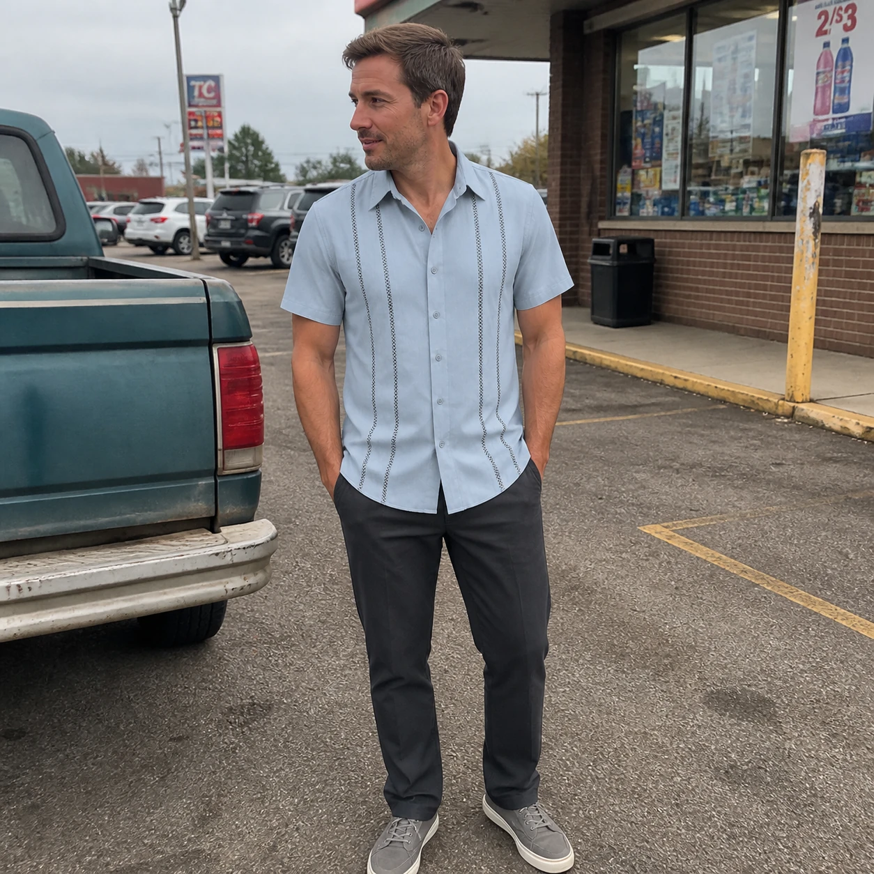 Blue Cuban-inspired shirt in an everyday roadside travel photo