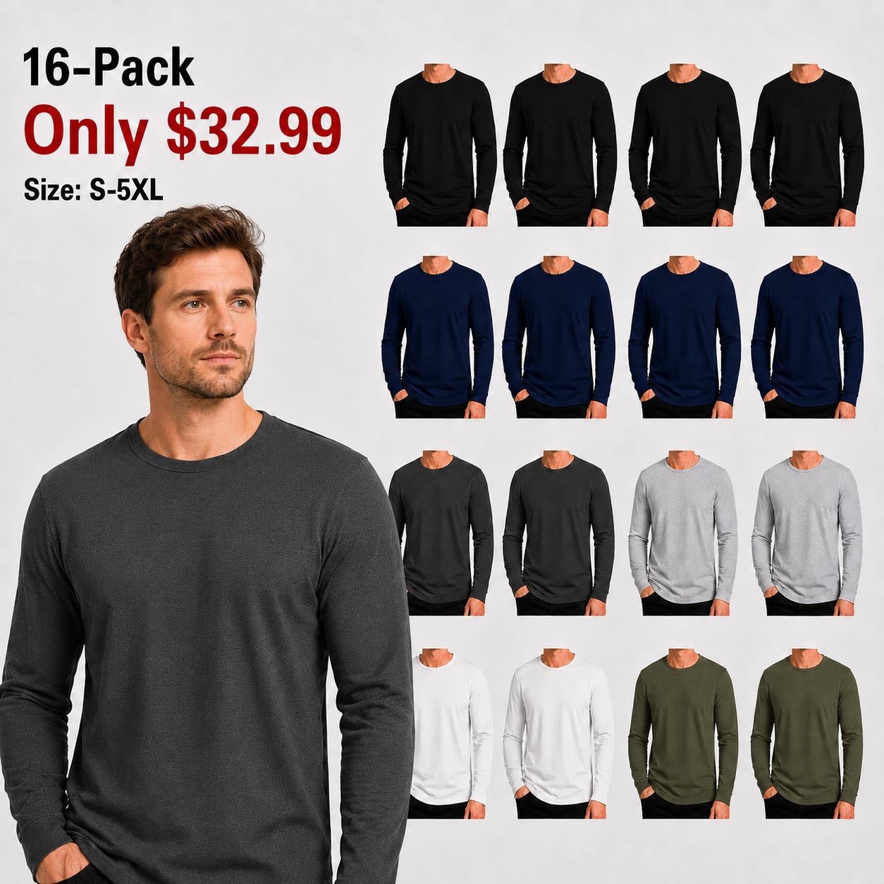 Men's Cotton-Blend Long Sleeve Crew Neck T-Shirts - 8 & 16 Pack