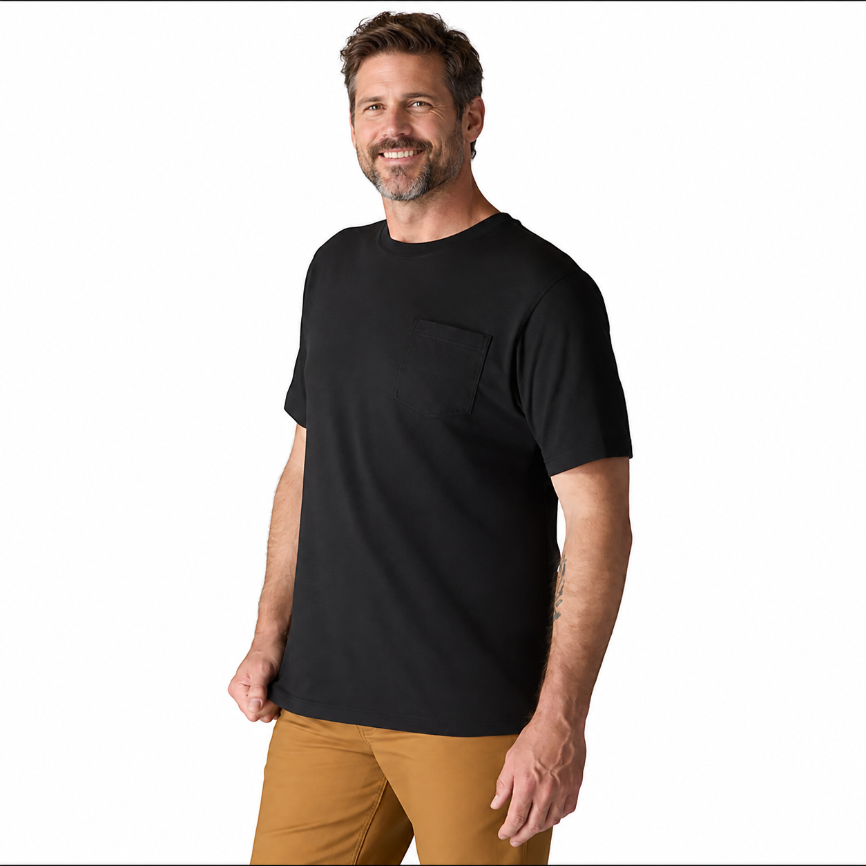 Black heavyweight pocket T-shirt, angled view