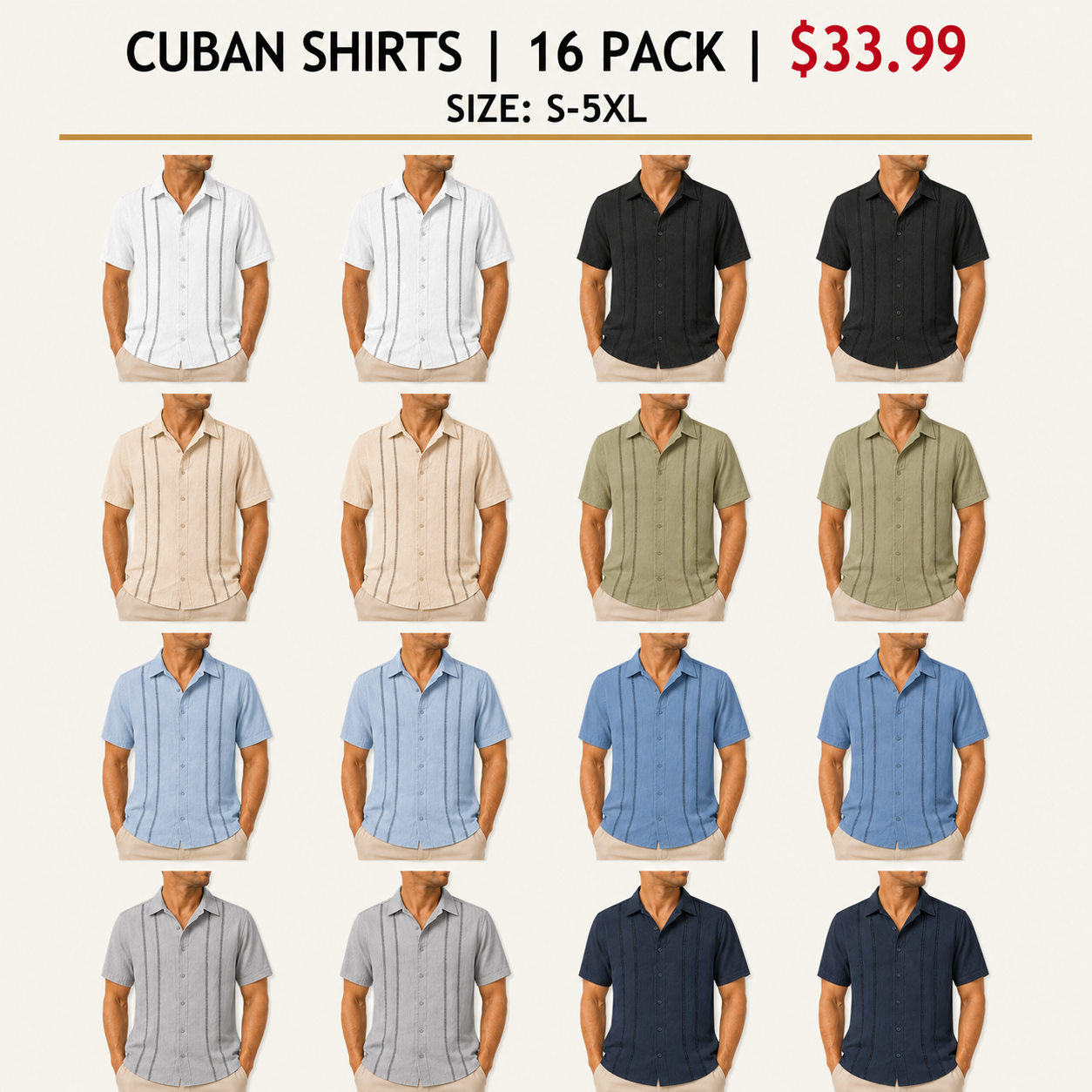 Men's Cuban Guayabera Short Sleeve Shirts - 8 & 16 Pack