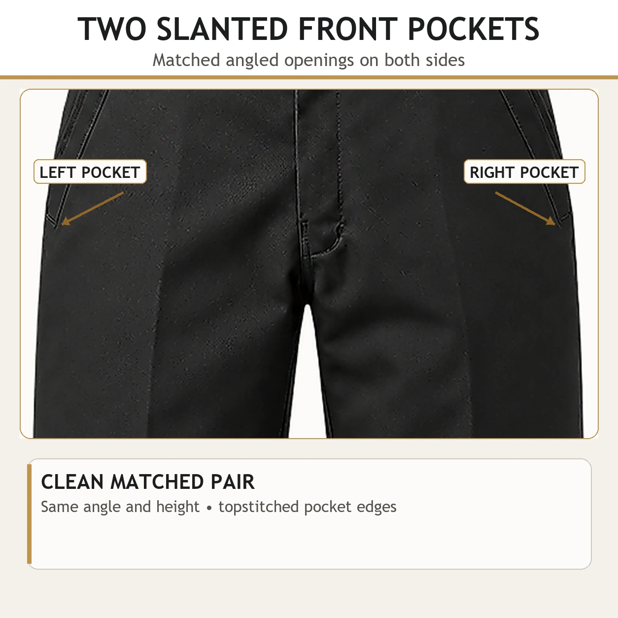 Two slanted front hand pockets