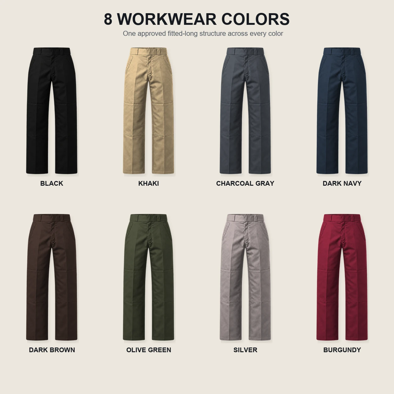 Eight available colors of double-knee work pants