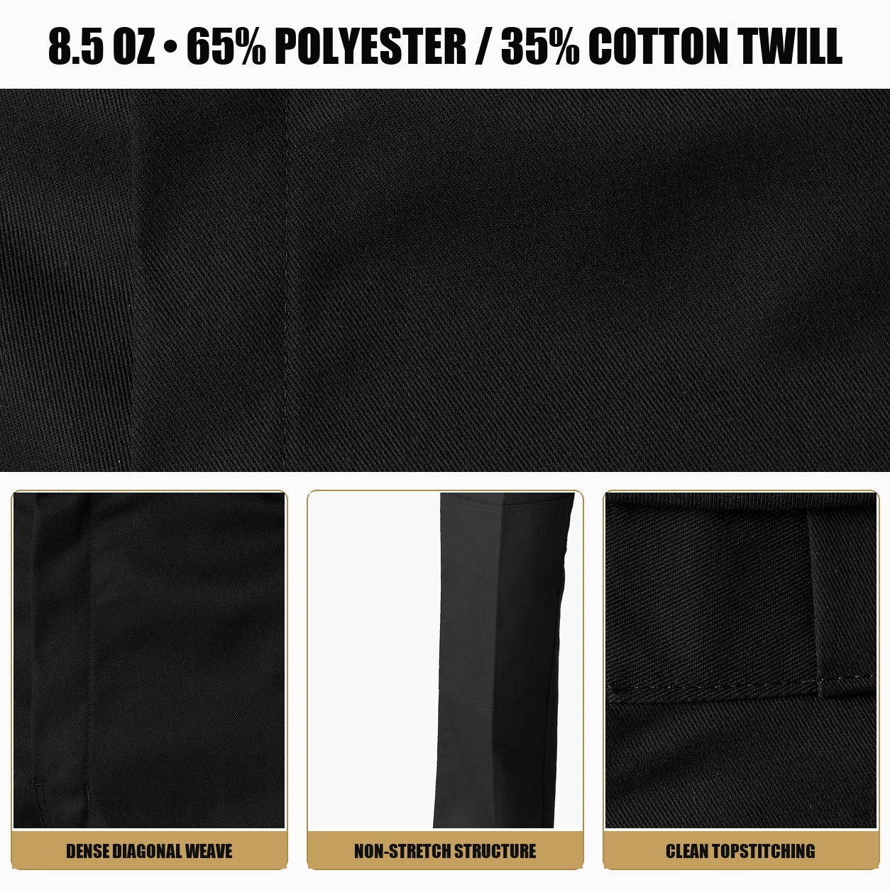Black 8.5 ounce twill fabric stitching and hem details