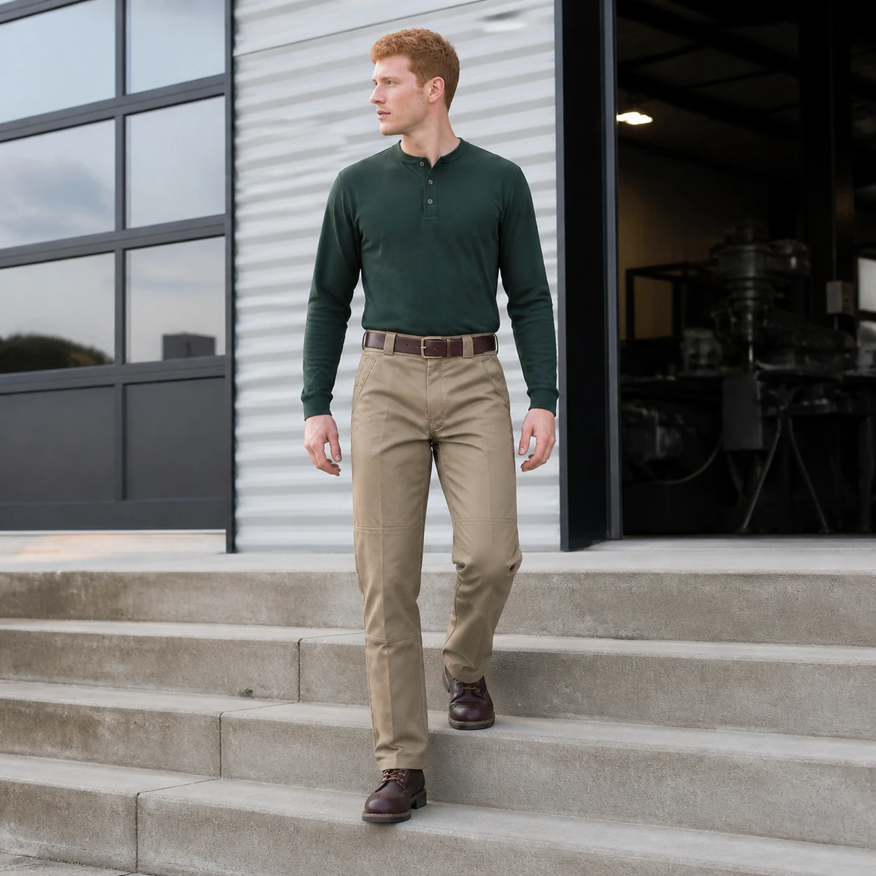 Khaki double-knee work pants in natural movement