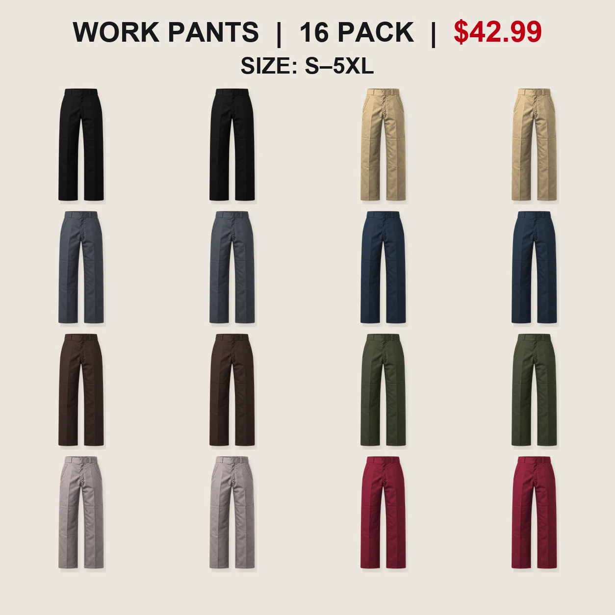 Sixteen-pack Complete Color Rotation double-knee work pants