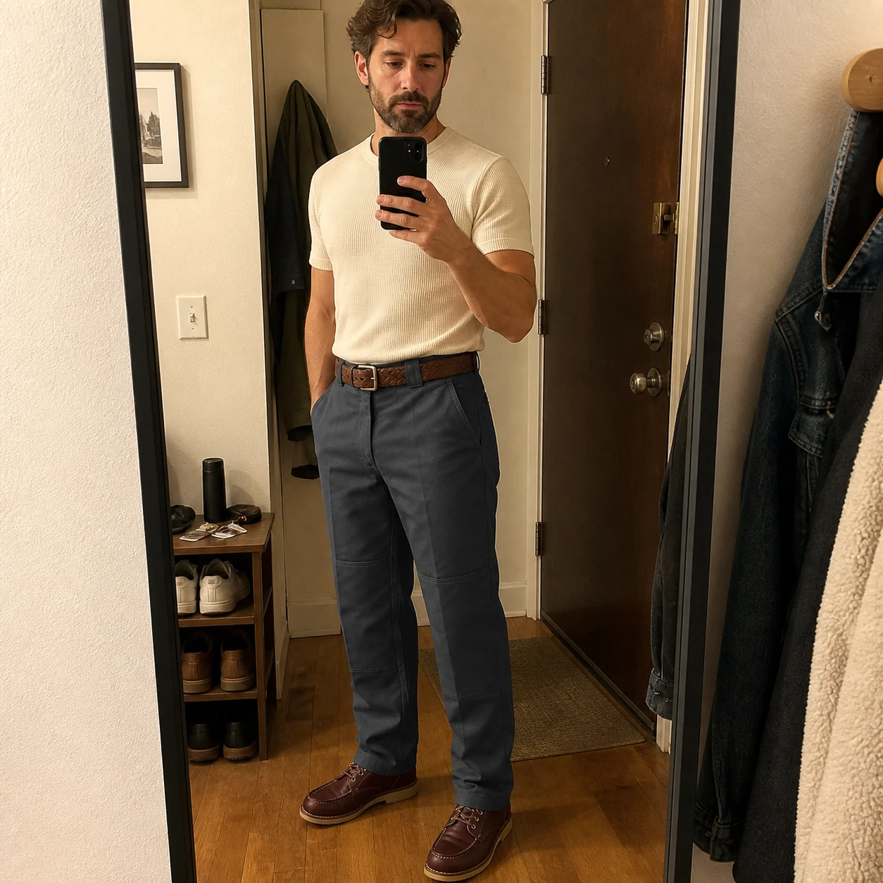 Casual phone snapshot of Charcoal Gray work pants in an apartment entryway