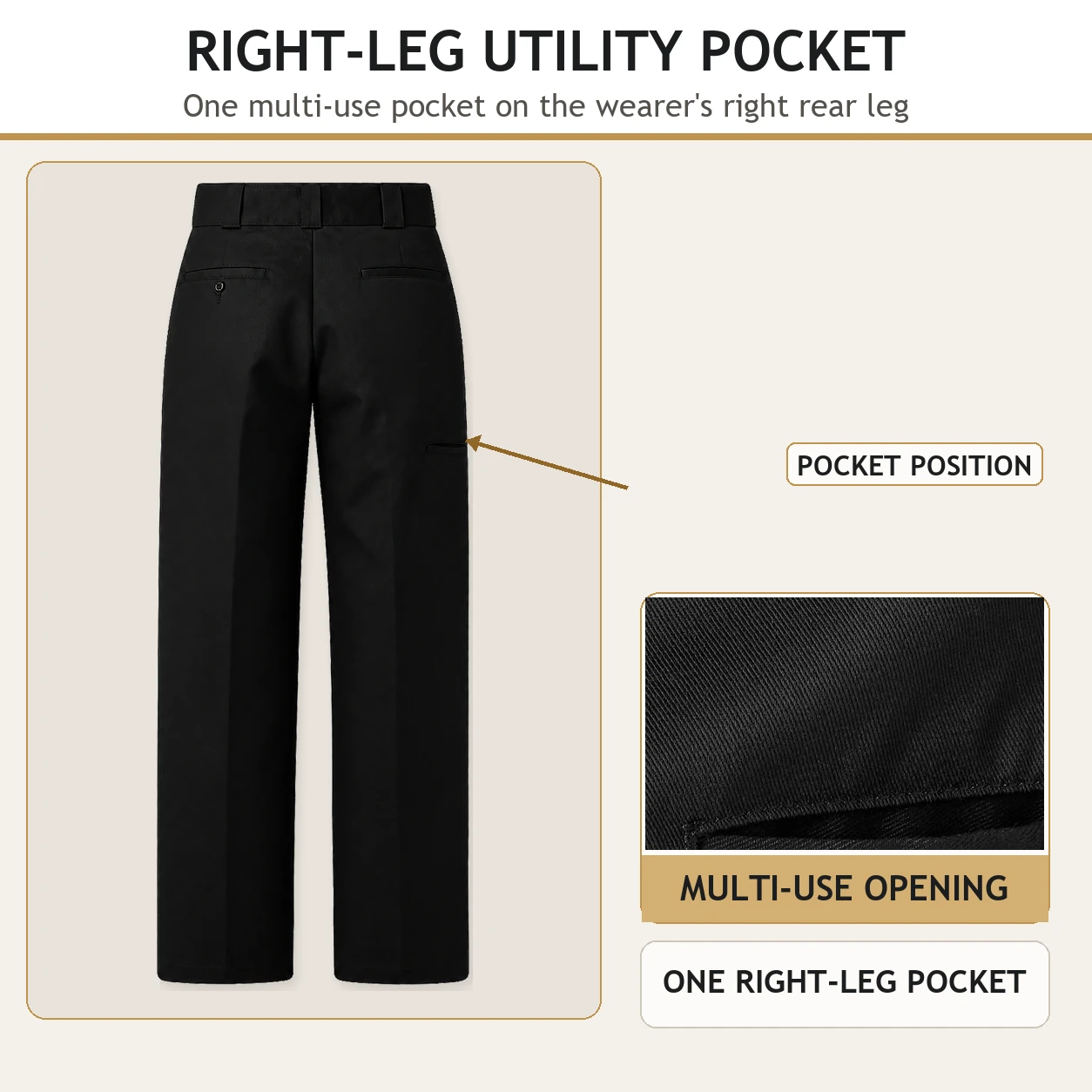 Right rear-leg multi-use utility pocket