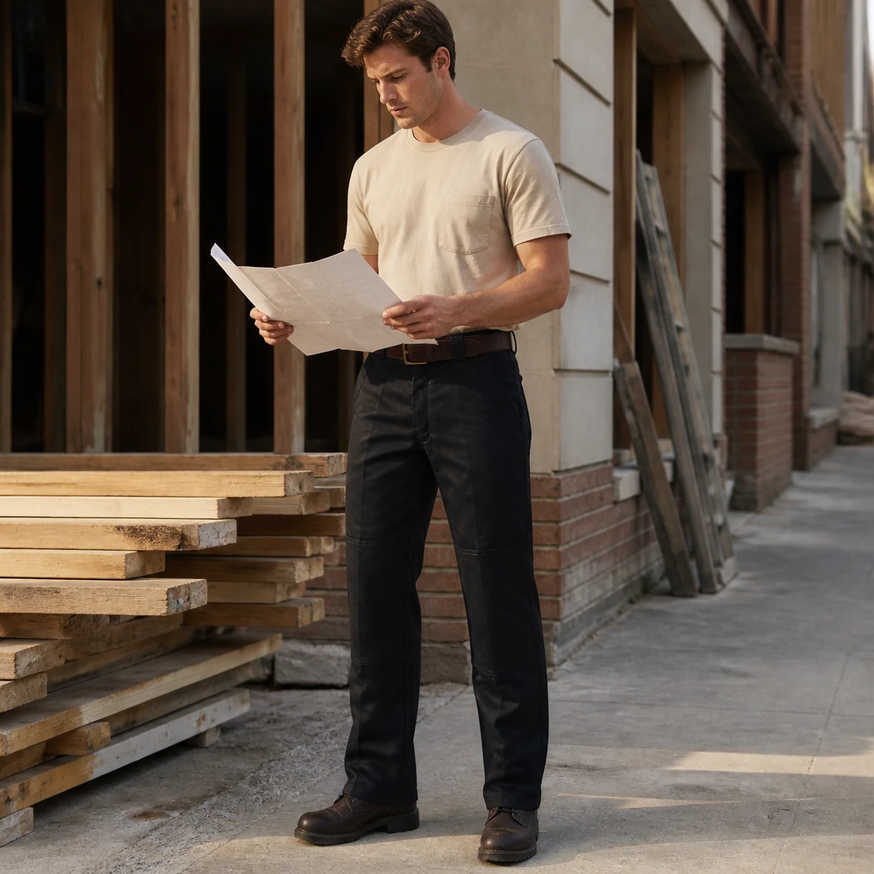 Male model wearing Black double-knee work pants at a renovation site
