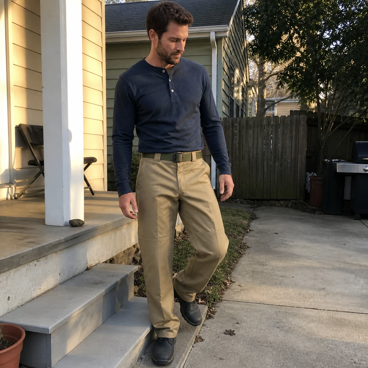 Casual phone snapshot of Khaki work pants in a backyard driveway