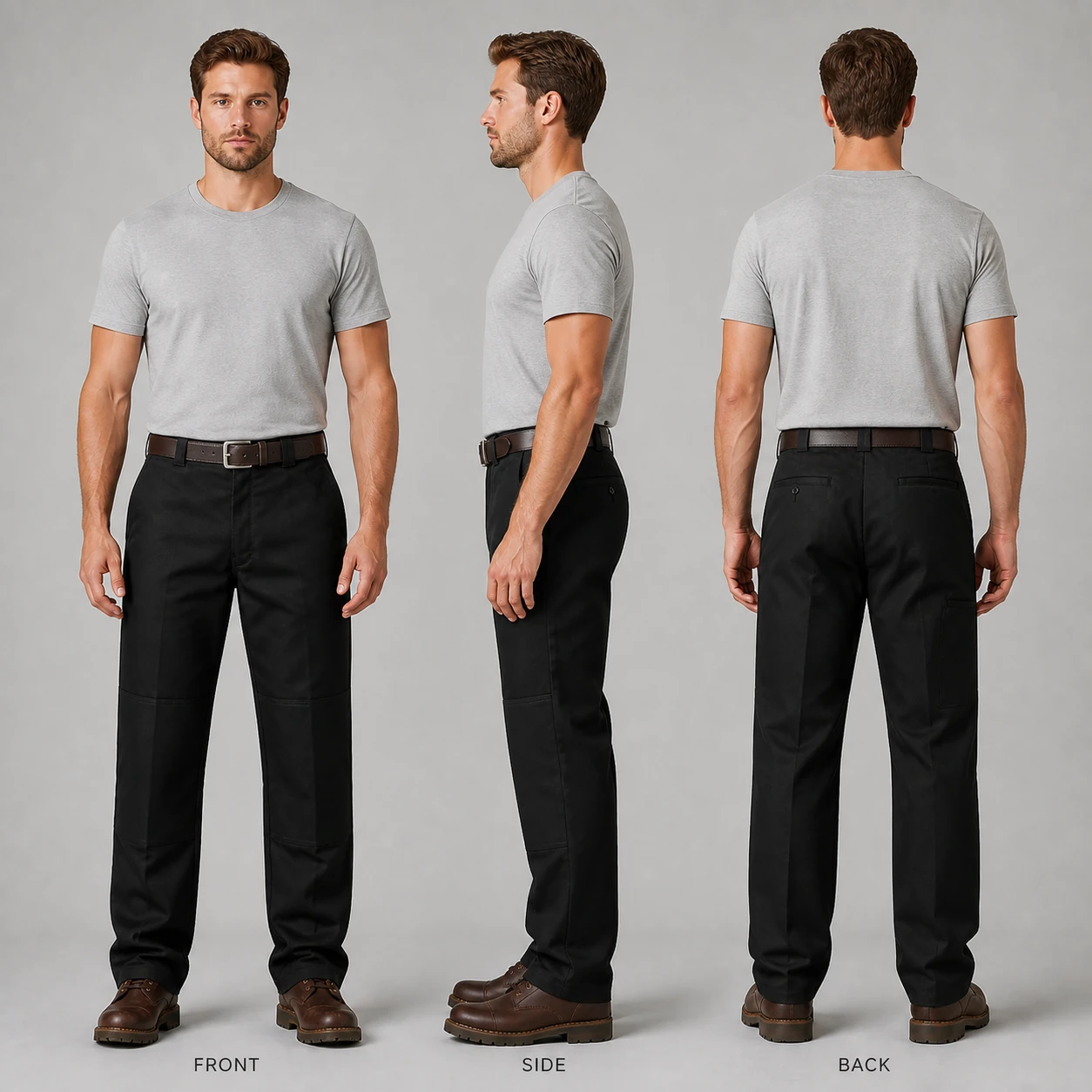 Front side and back views of Black double-knee work pants