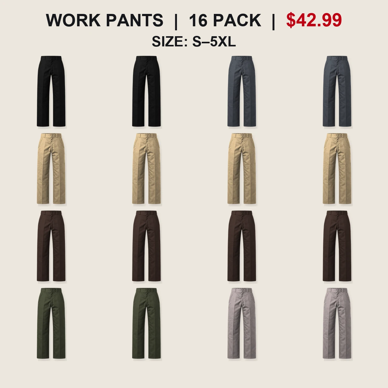 Sixteen-pack Earth and Neutral Rotation double-knee work pants