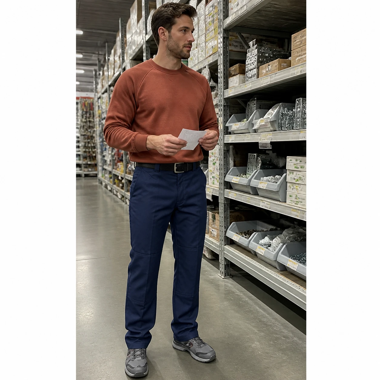 Casual phone snapshot of Dark Navy work pants in a hardware store