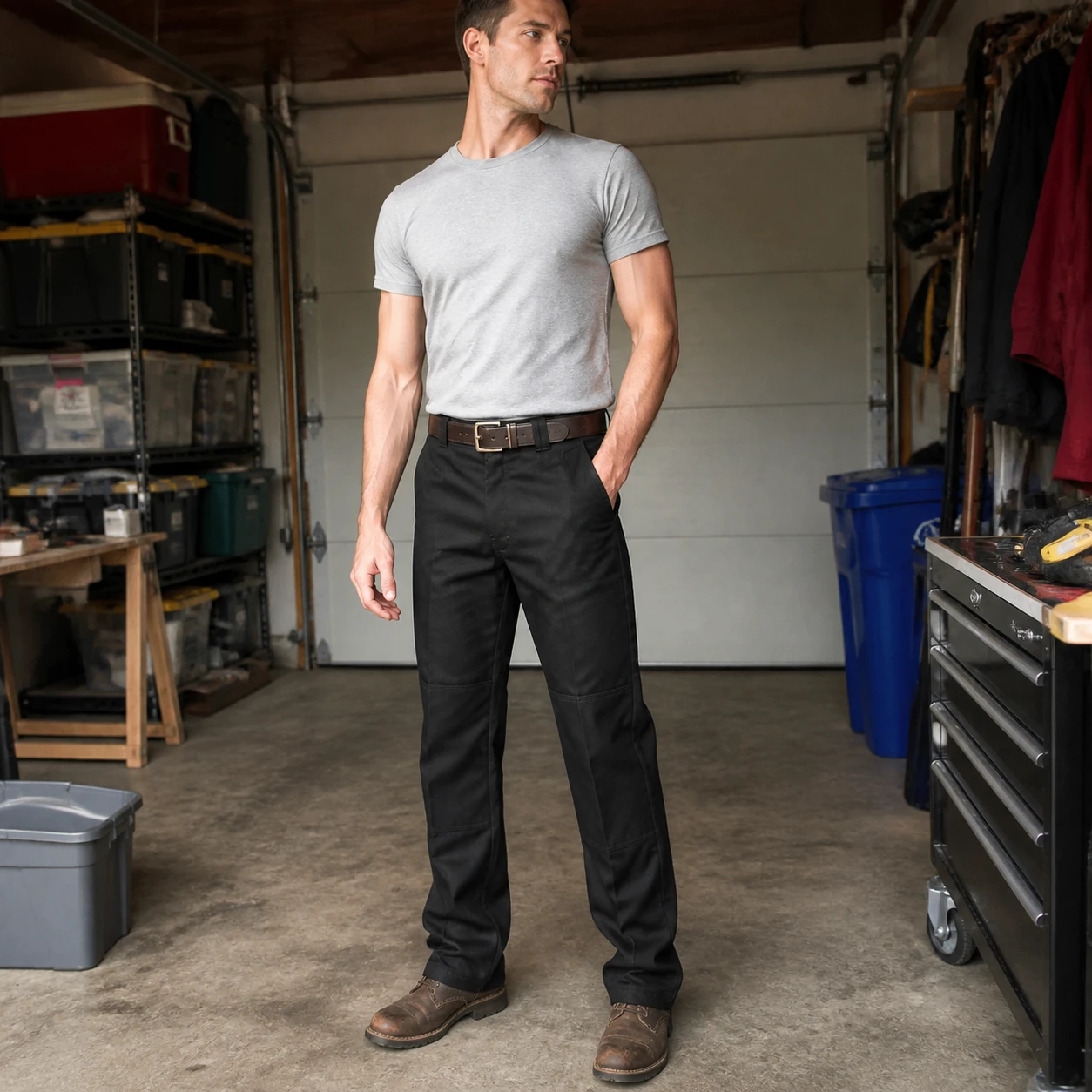 Casual phone snapshot of Black work pants in a garage