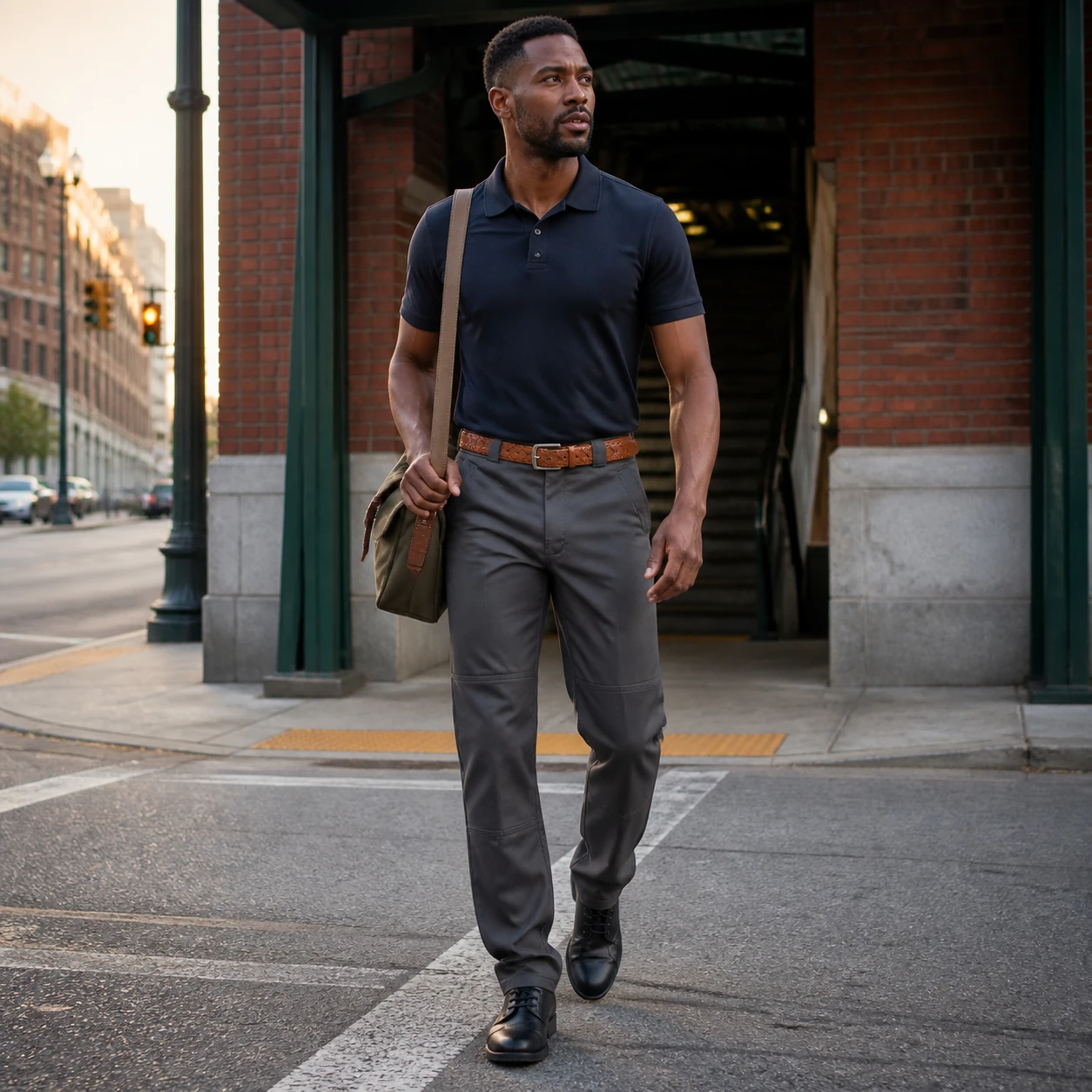 Male model wearing Charcoal Gray double-knee work pants while commuting