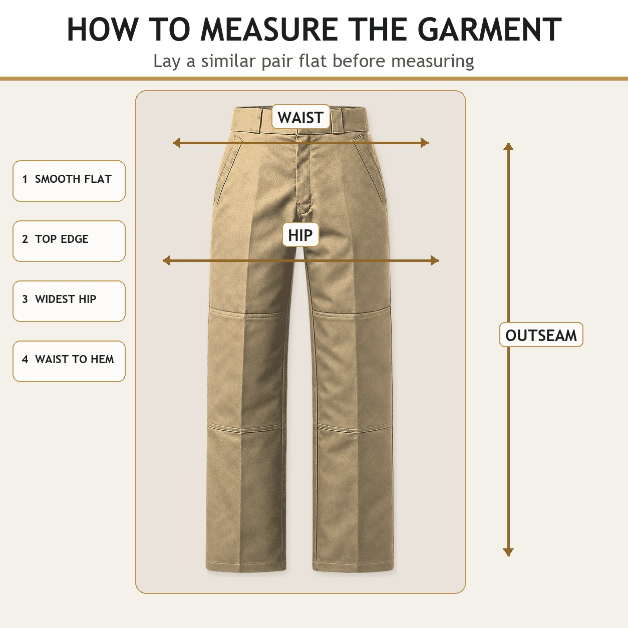 How to measure work pants waist hip and outseam