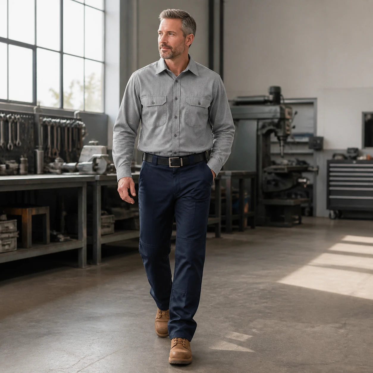 No-text secondary cover with Dark Navy double-knee work pants
