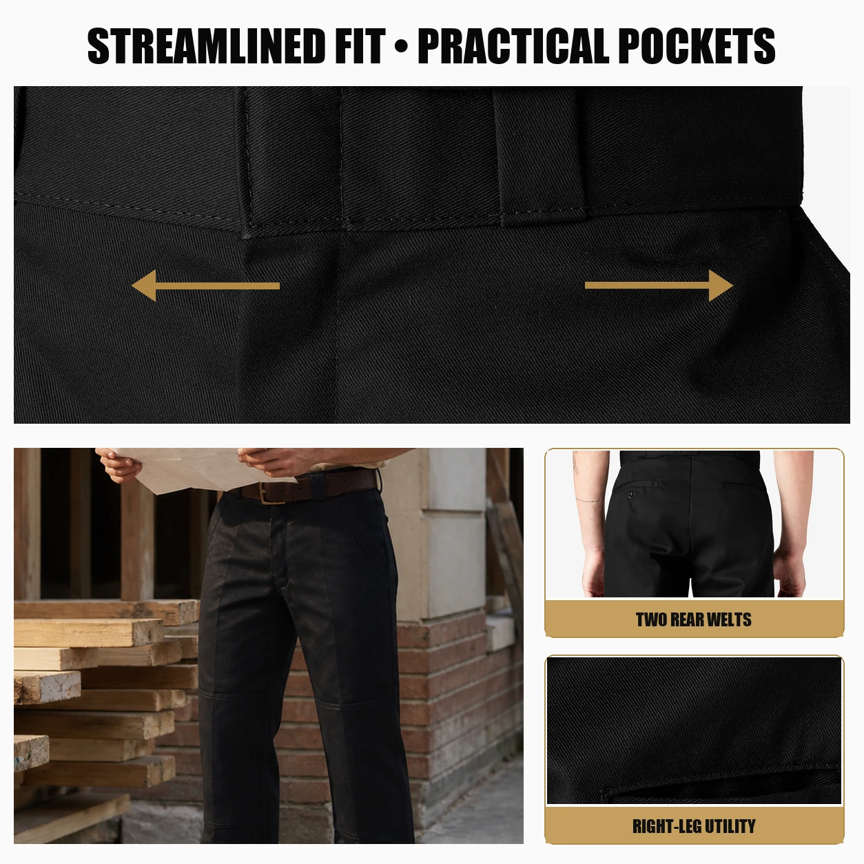 Black work pants streamlined fit and practical pocket system