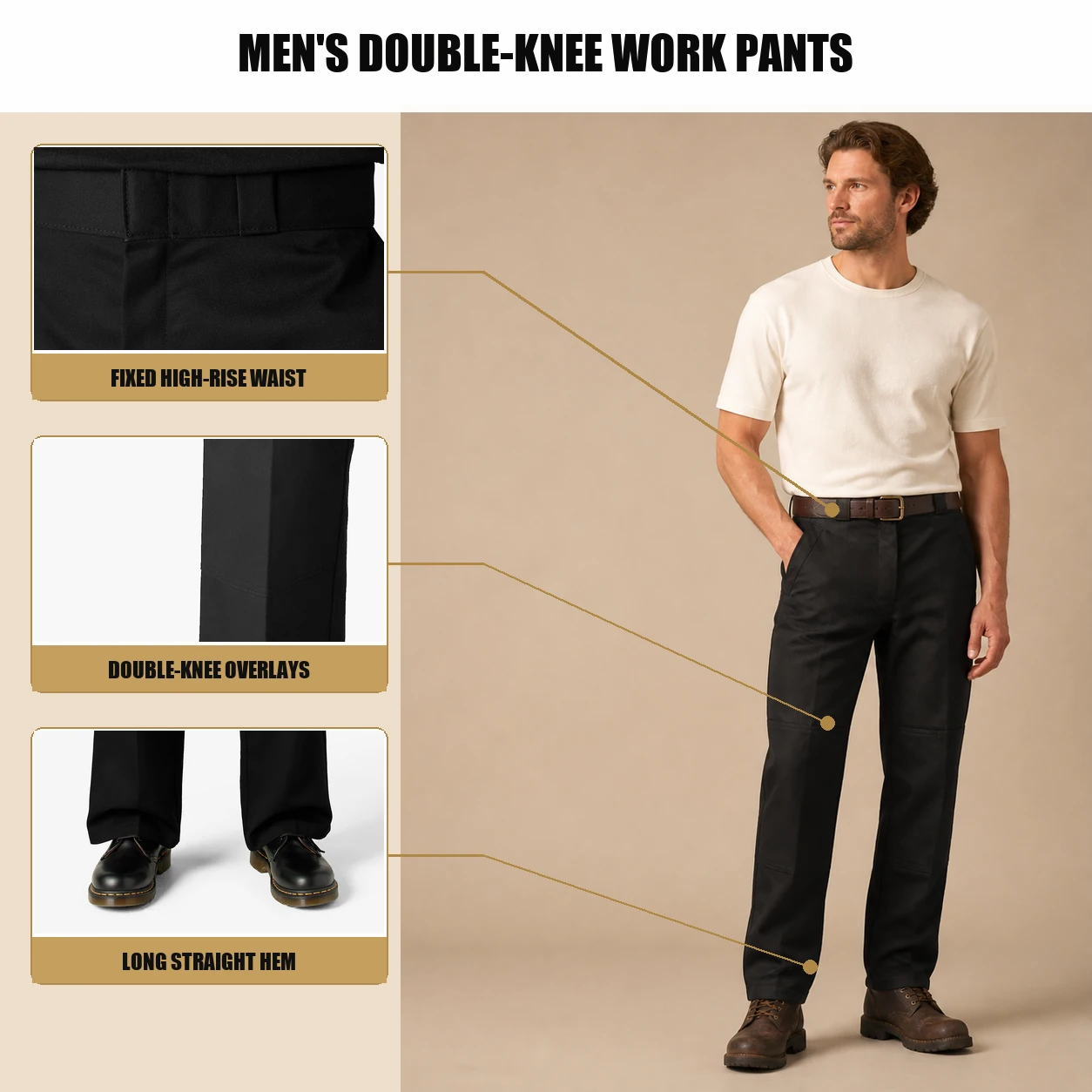 Black work pants waist double-knee and long-hem construction
