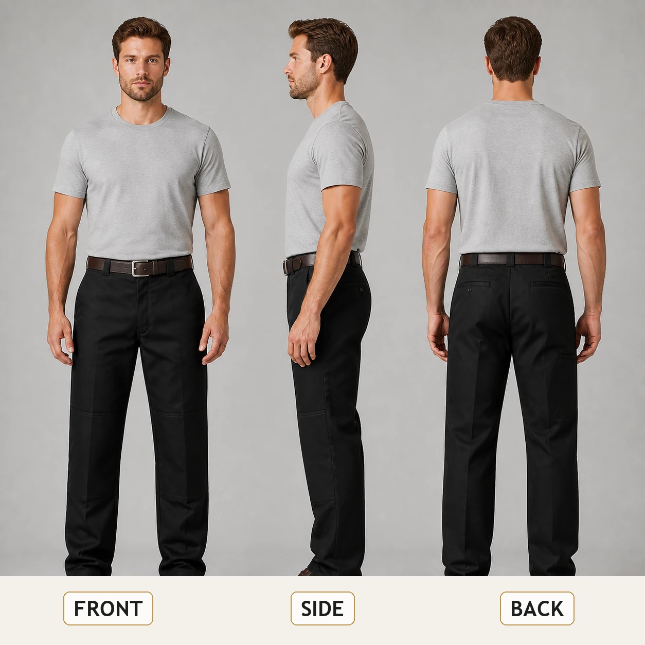 Front side and back model views of Black double-knee work pants