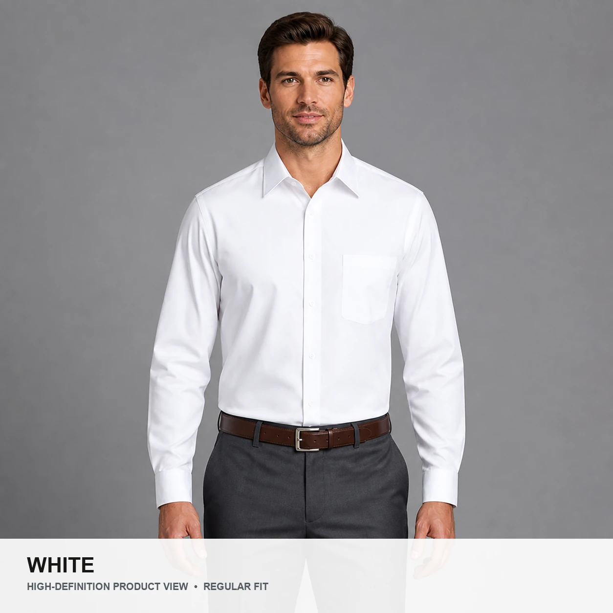 Male model wearing the White regular fit poplin dress shirt