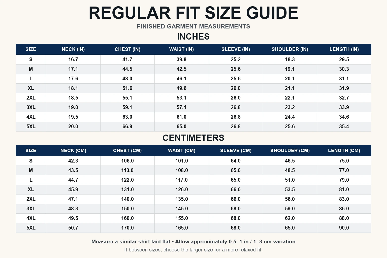 Men's regular fit dress shirt size guide S to 5XL in inches and centimeters