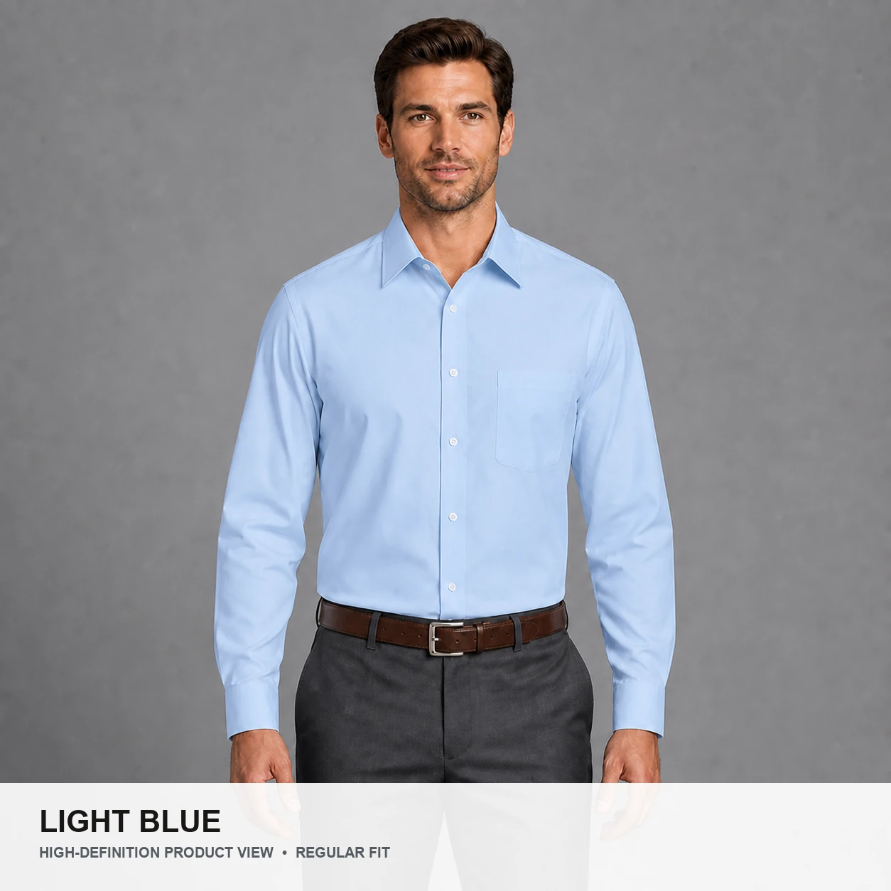 Male model wearing the Light Blue regular fit poplin dress shirt