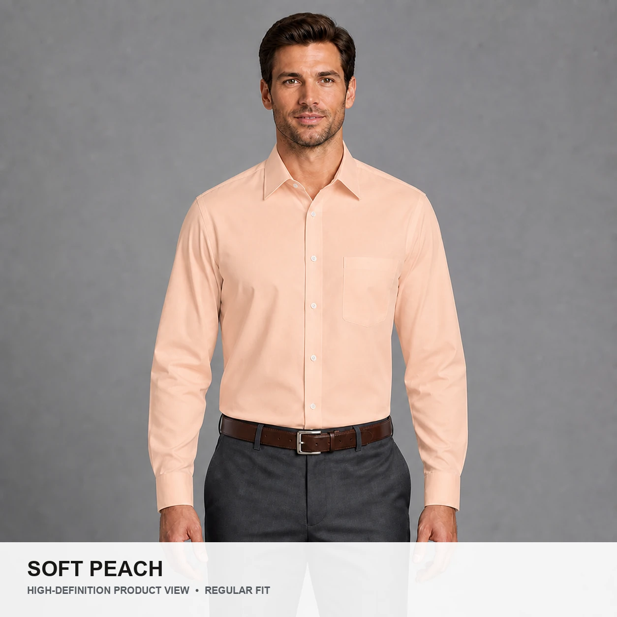 Male model wearing the Soft Peach regular fit poplin dress shirt