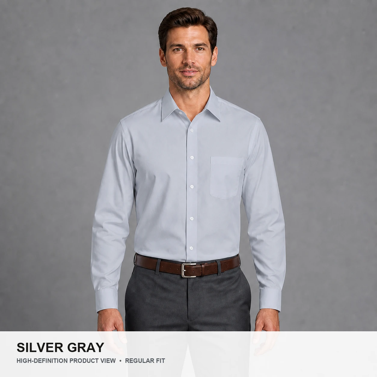 Male model wearing the Silver Gray regular fit poplin dress shirt