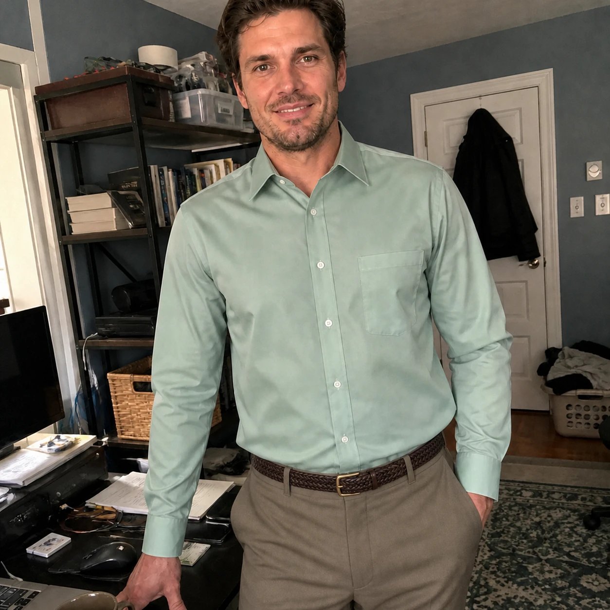 Casual phone snapshot of Sage Green dress shirt with taupe trousers