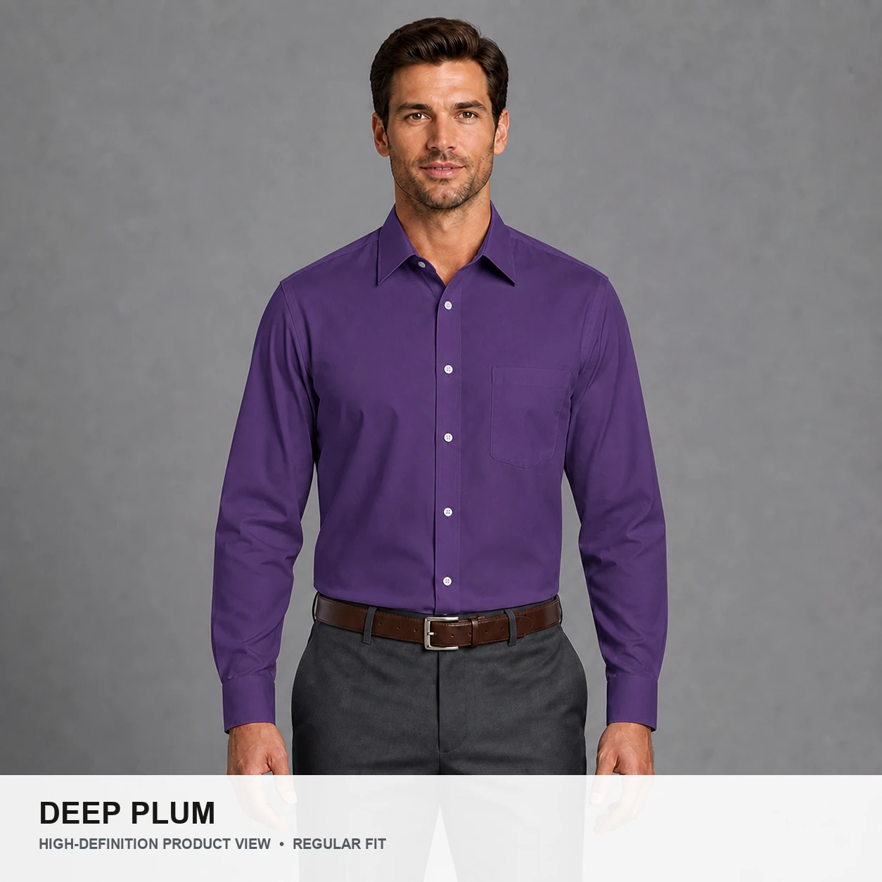 Male model wearing the Deep Plum regular fit poplin dress shirt