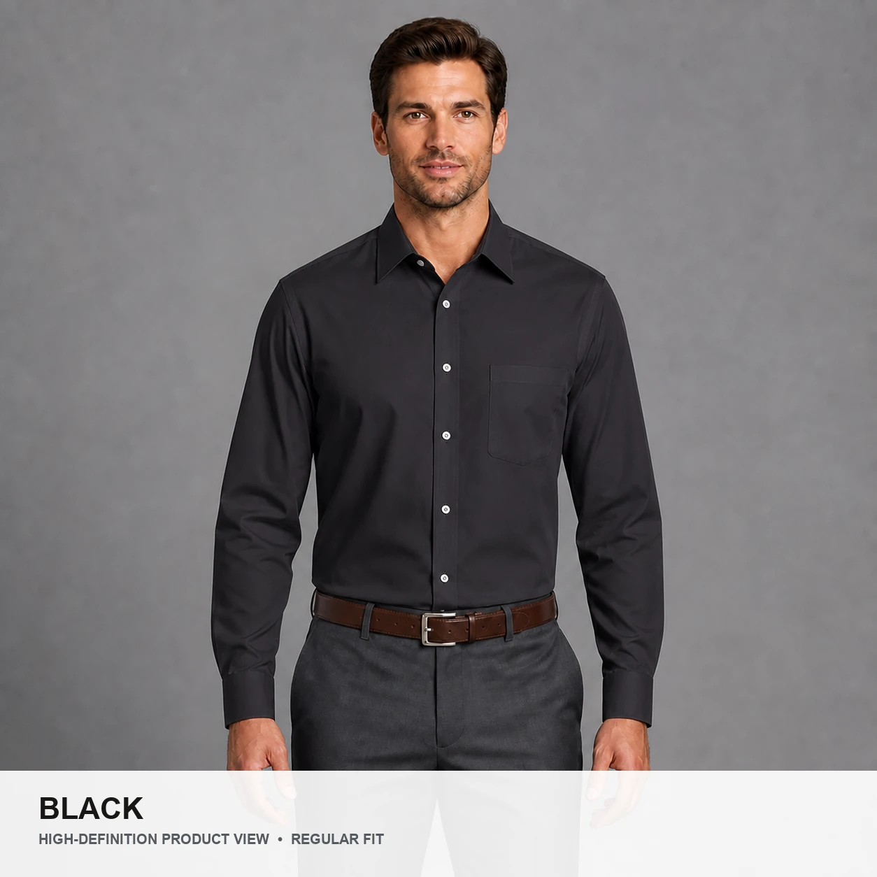 Male model wearing the Black regular fit poplin dress shirt