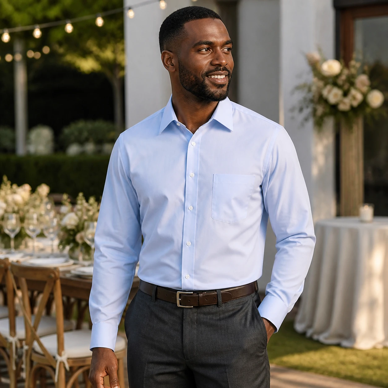 Light Blue regular fit dress shirt at an outdoor formal event