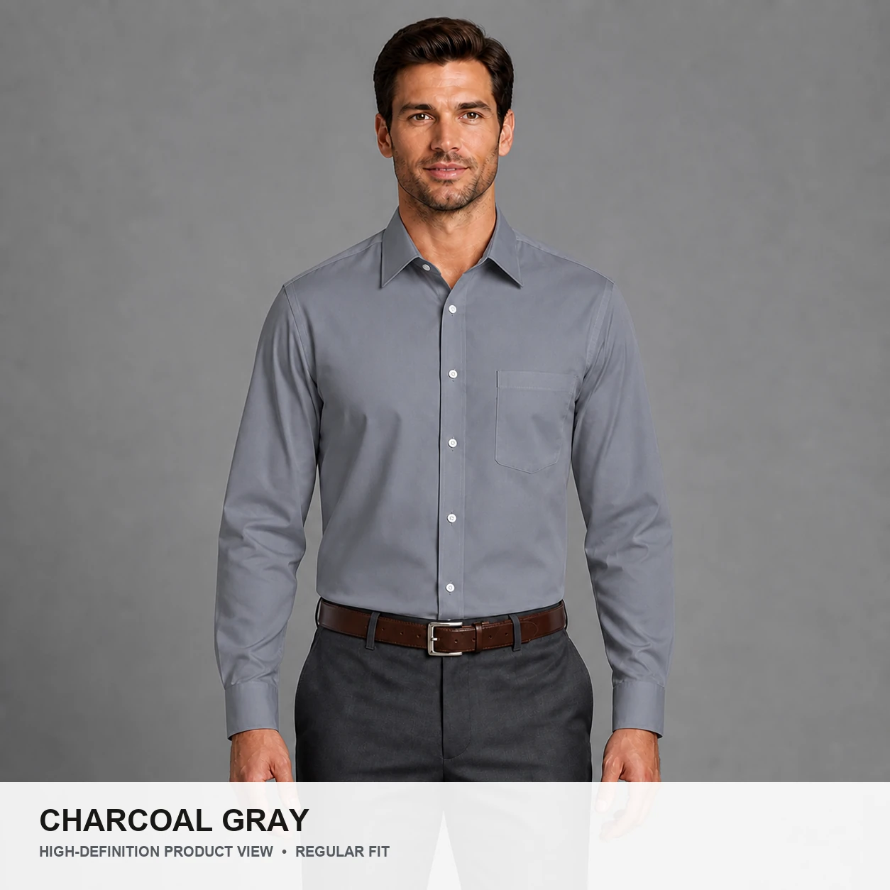 Male model wearing the Charcoal Gray regular fit poplin dress shirt