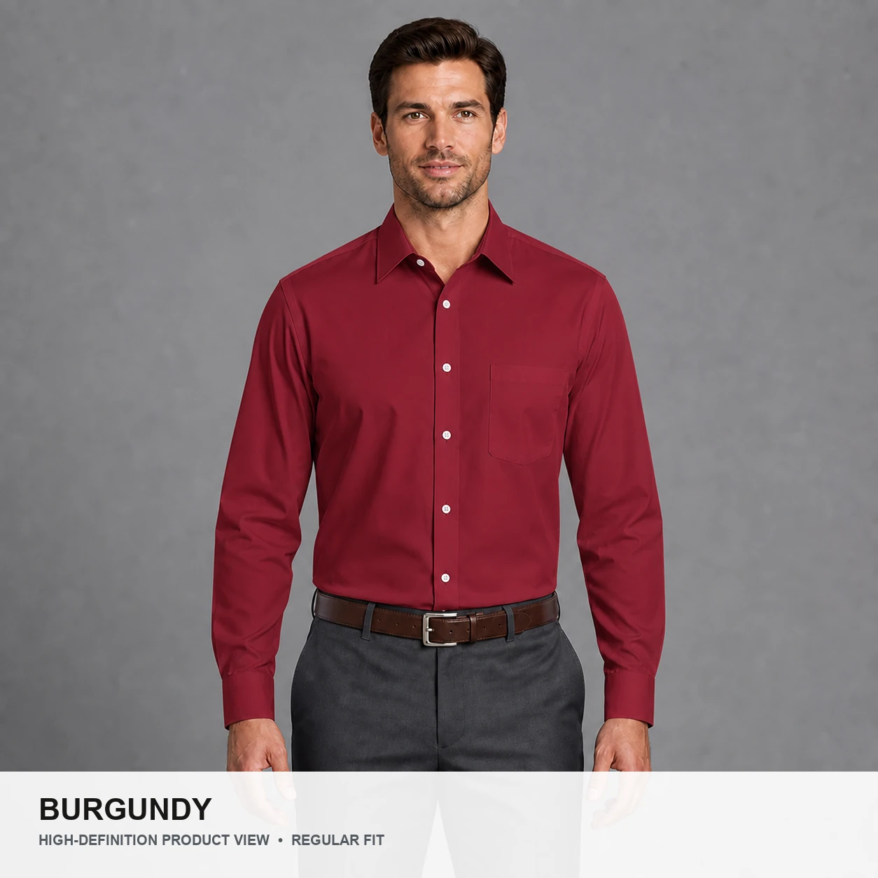Male model wearing the Burgundy regular fit poplin dress shirt