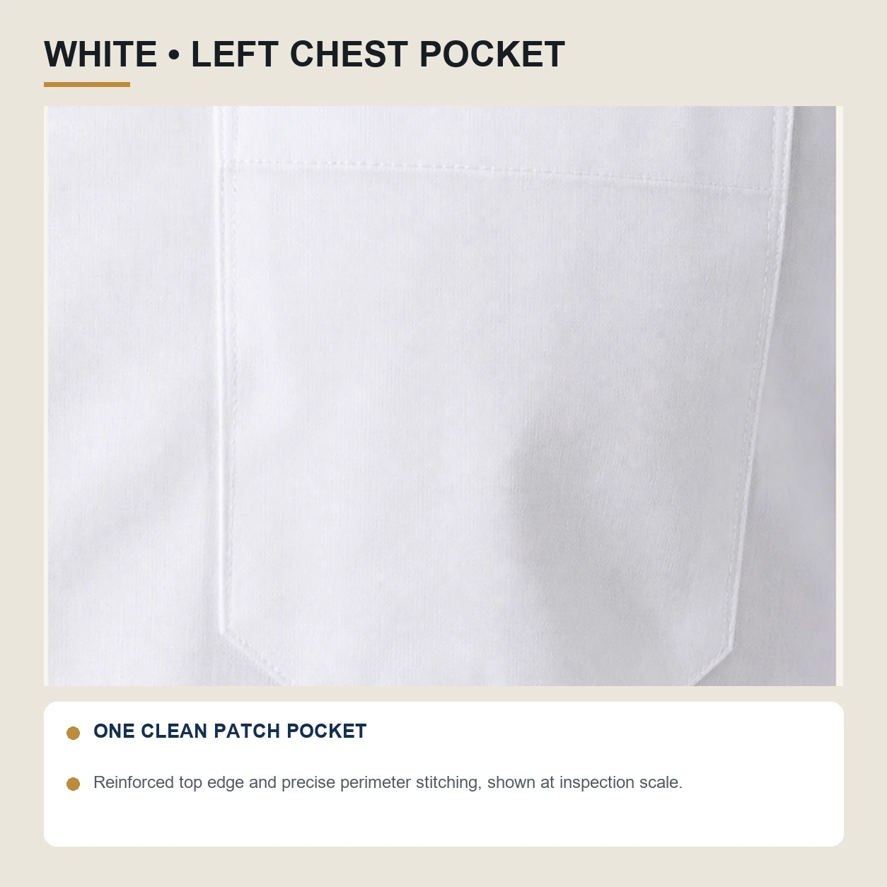 White dress shirt single left chest patch pocket and stitching