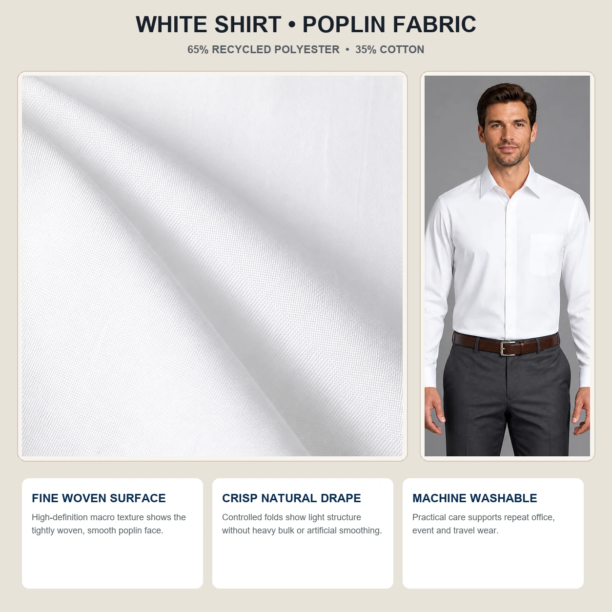 White dress shirt poplin fabric texture and care details