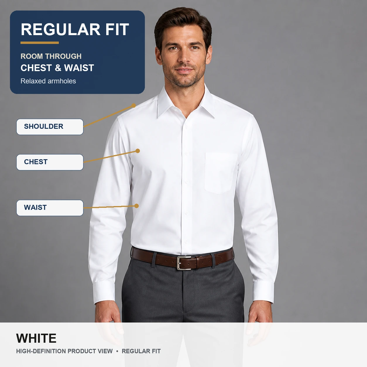 Regular fit dress shirt room through shoulder chest and waist