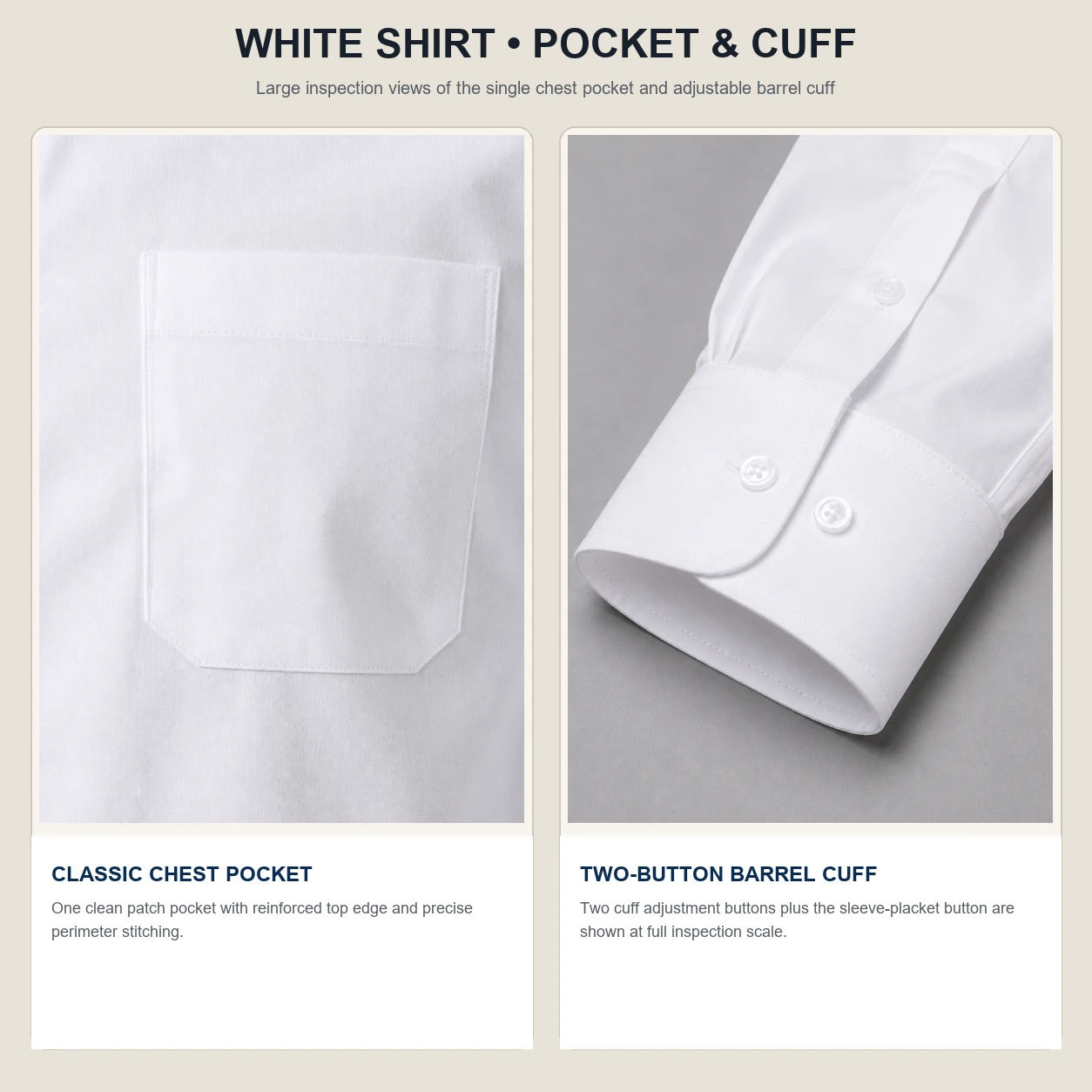 White dress shirt left chest pocket and two-button cuff details