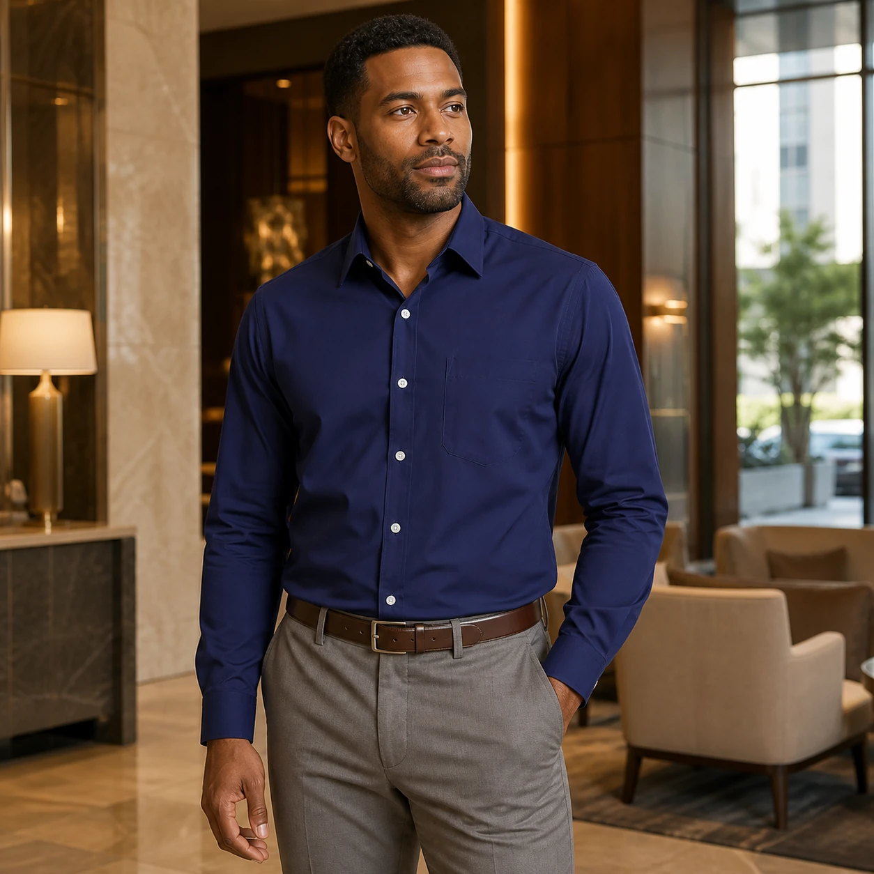 Male model wearing the Deep Navy regular fit dress shirt in a hotel