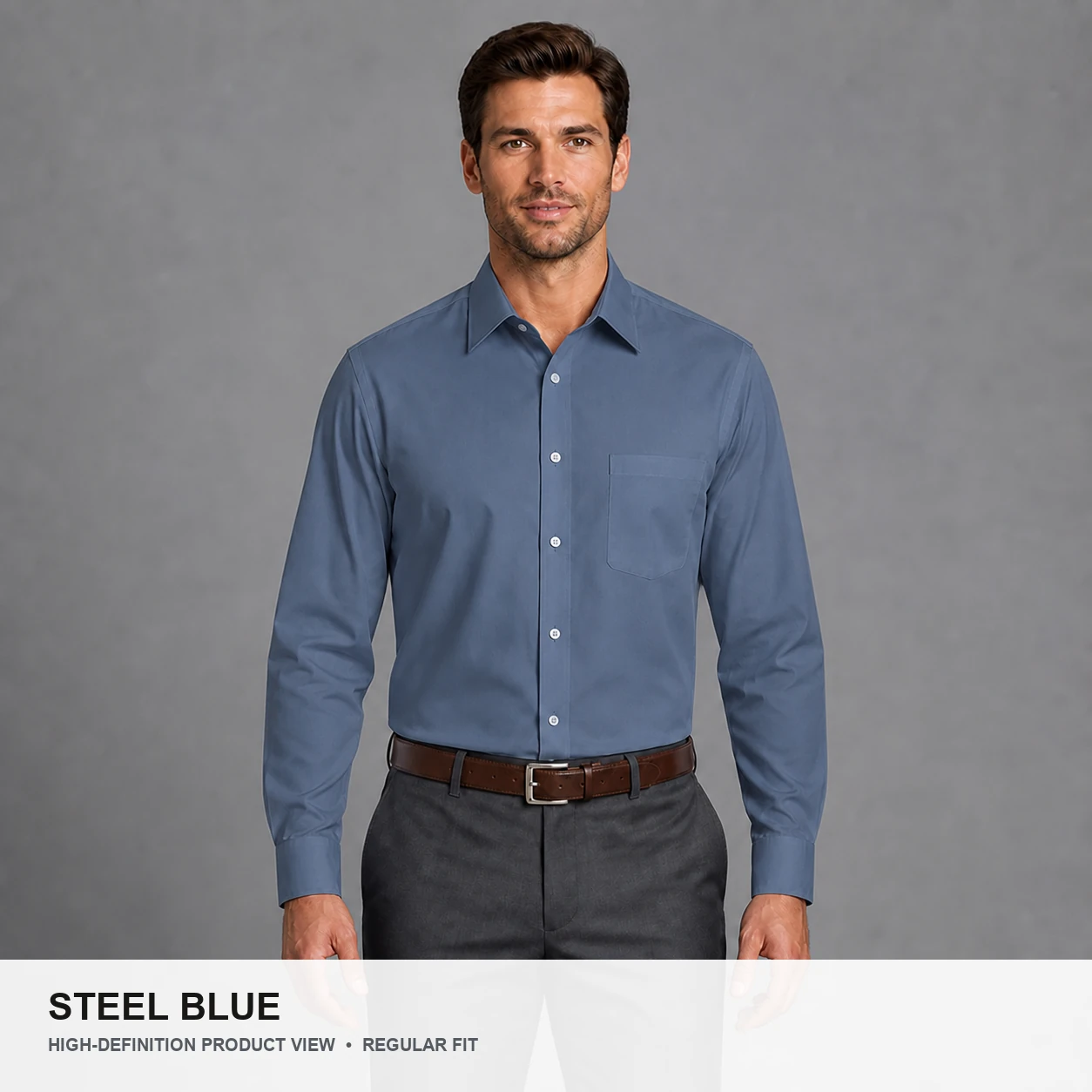 Male model wearing the Steel Blue regular fit poplin dress shirt