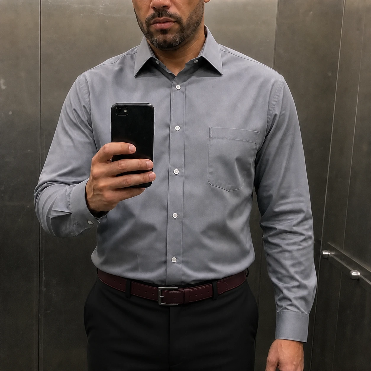 Casual phone snapshot of Charcoal Gray dress shirt with black trousers