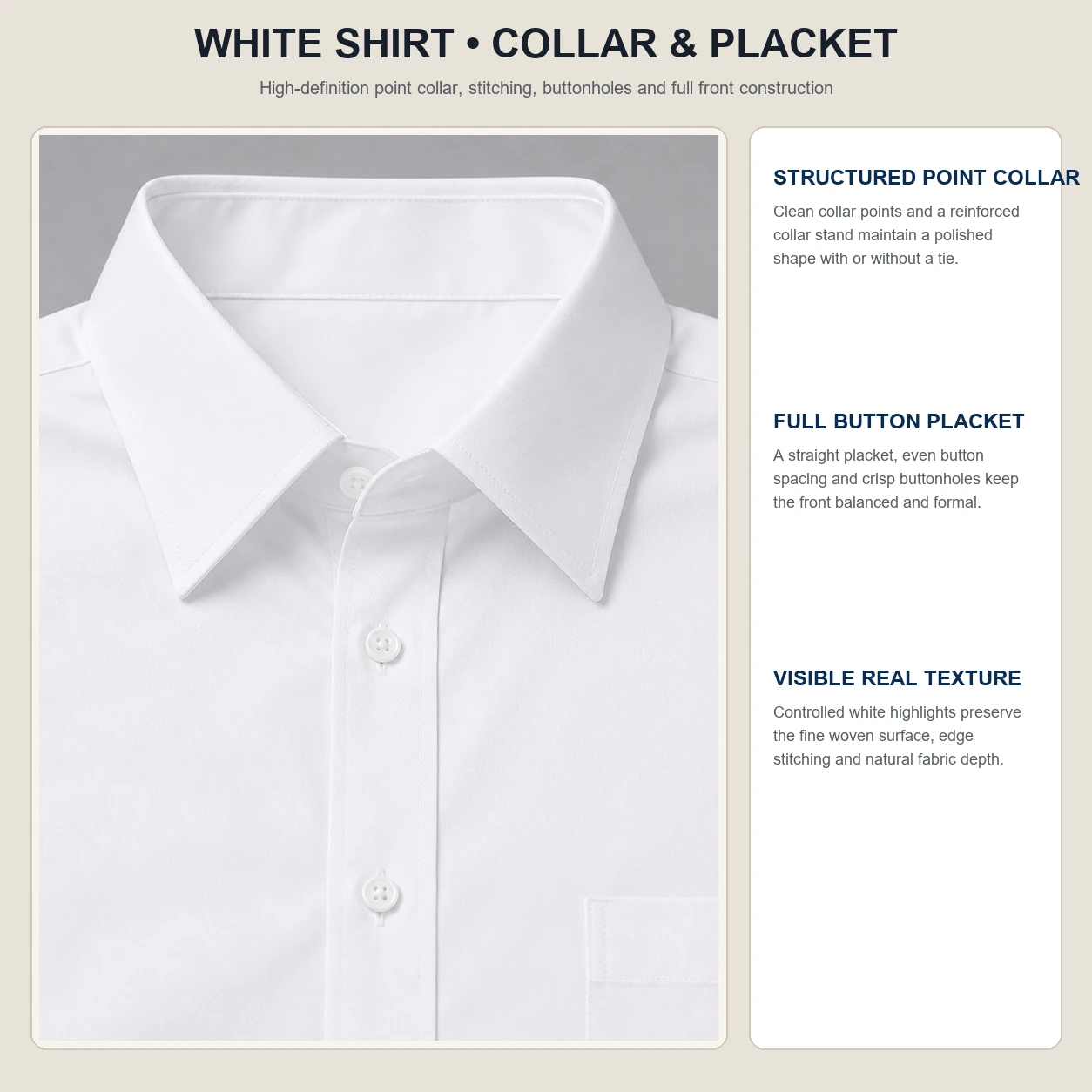 White dress shirt point collar and full placket detail