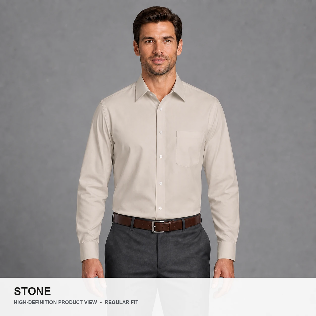 Male model wearing the Stone regular fit poplin dress shirt