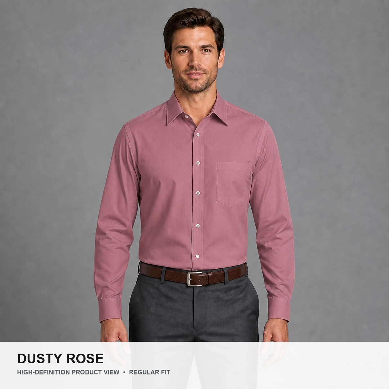 Male model wearing the Dusty Rose regular fit poplin dress shirt