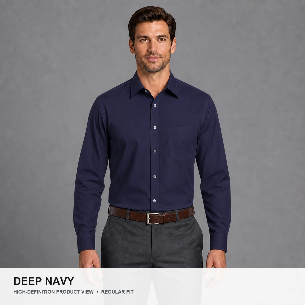 Male model wearing the Deep Navy regular fit poplin dress shirt