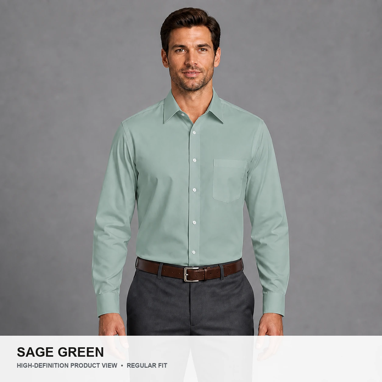 Male model wearing the Sage Green regular fit poplin dress shirt