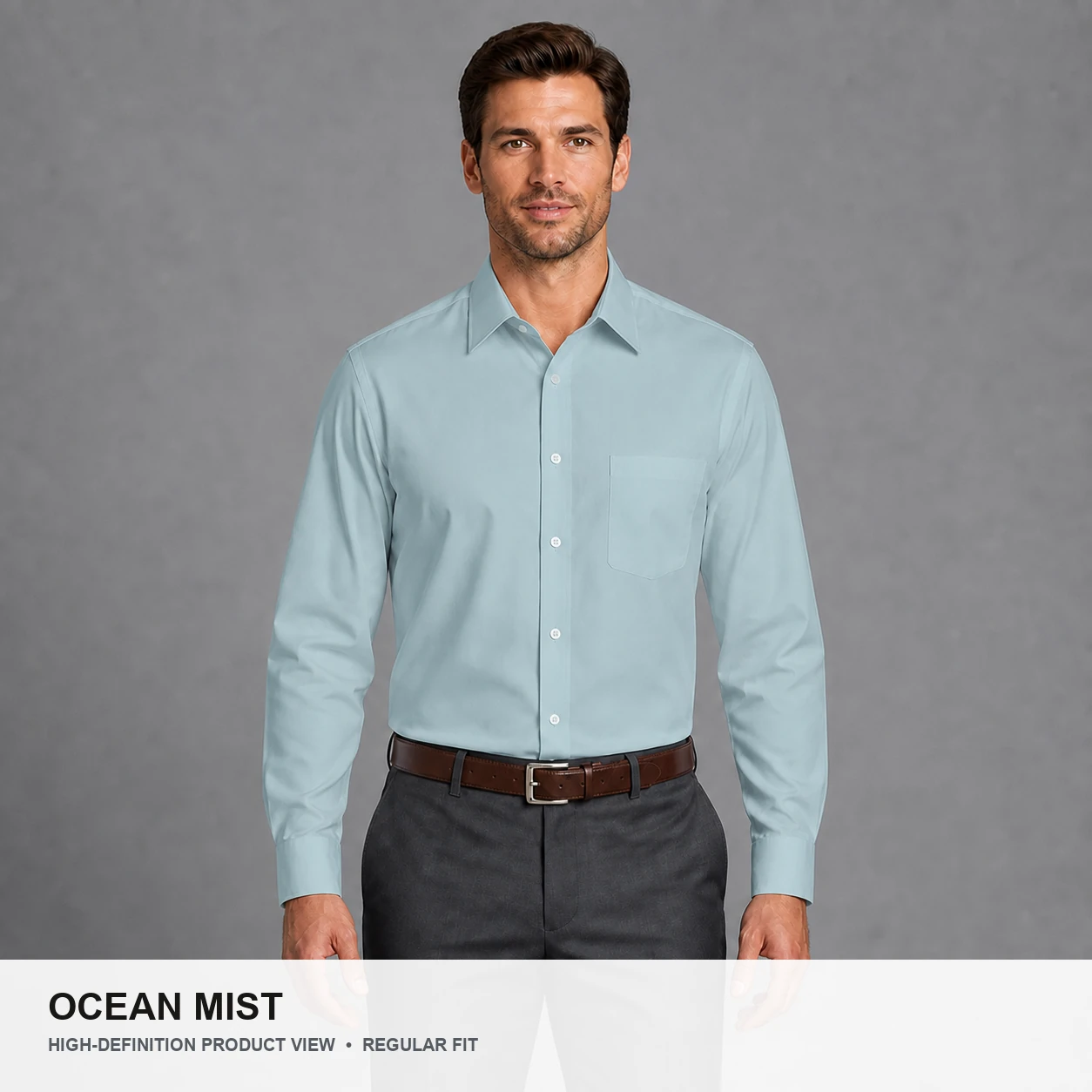 Male model wearing the Ocean Mist regular fit poplin dress shirt