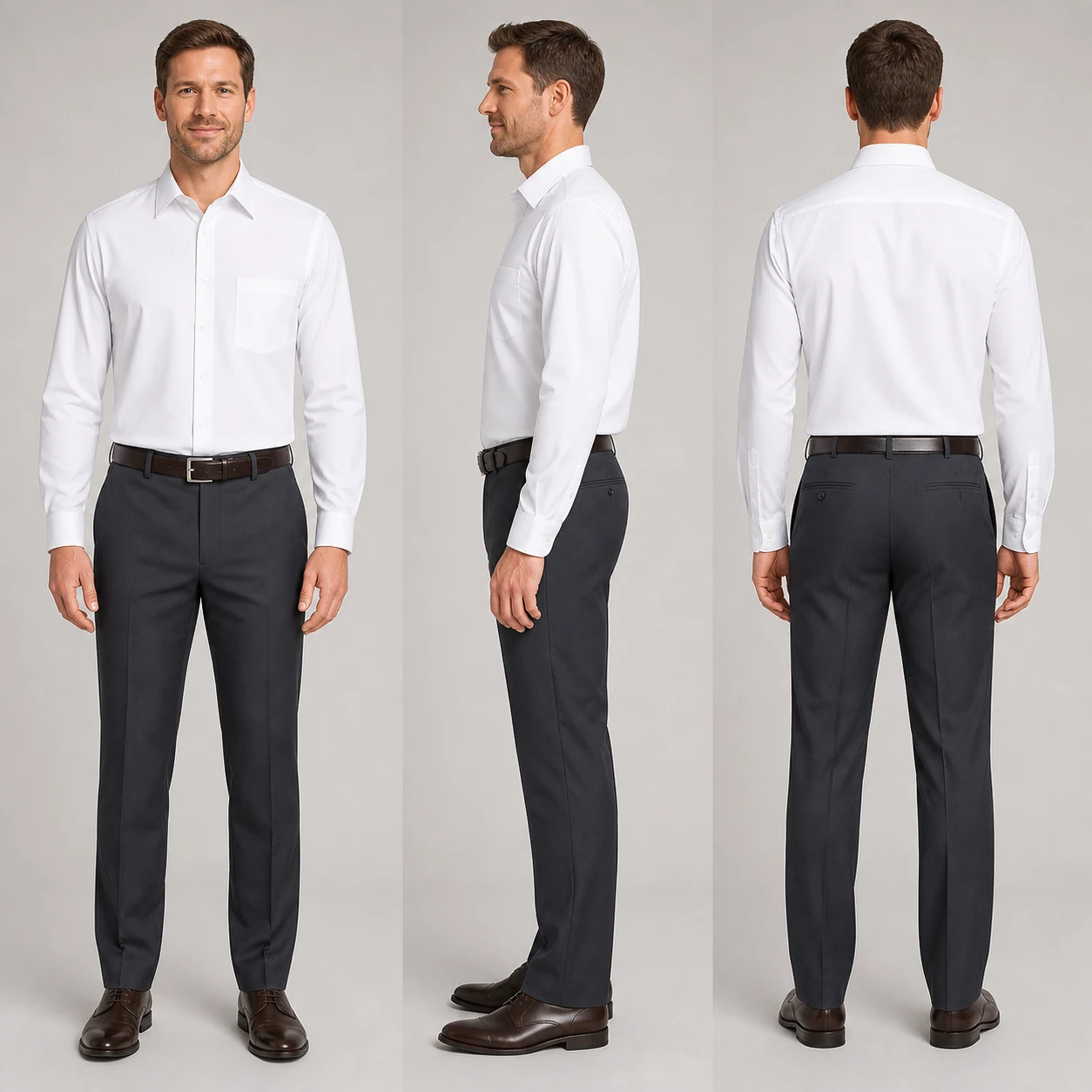 Front side and back full-body views of the White regular fit dress shirt