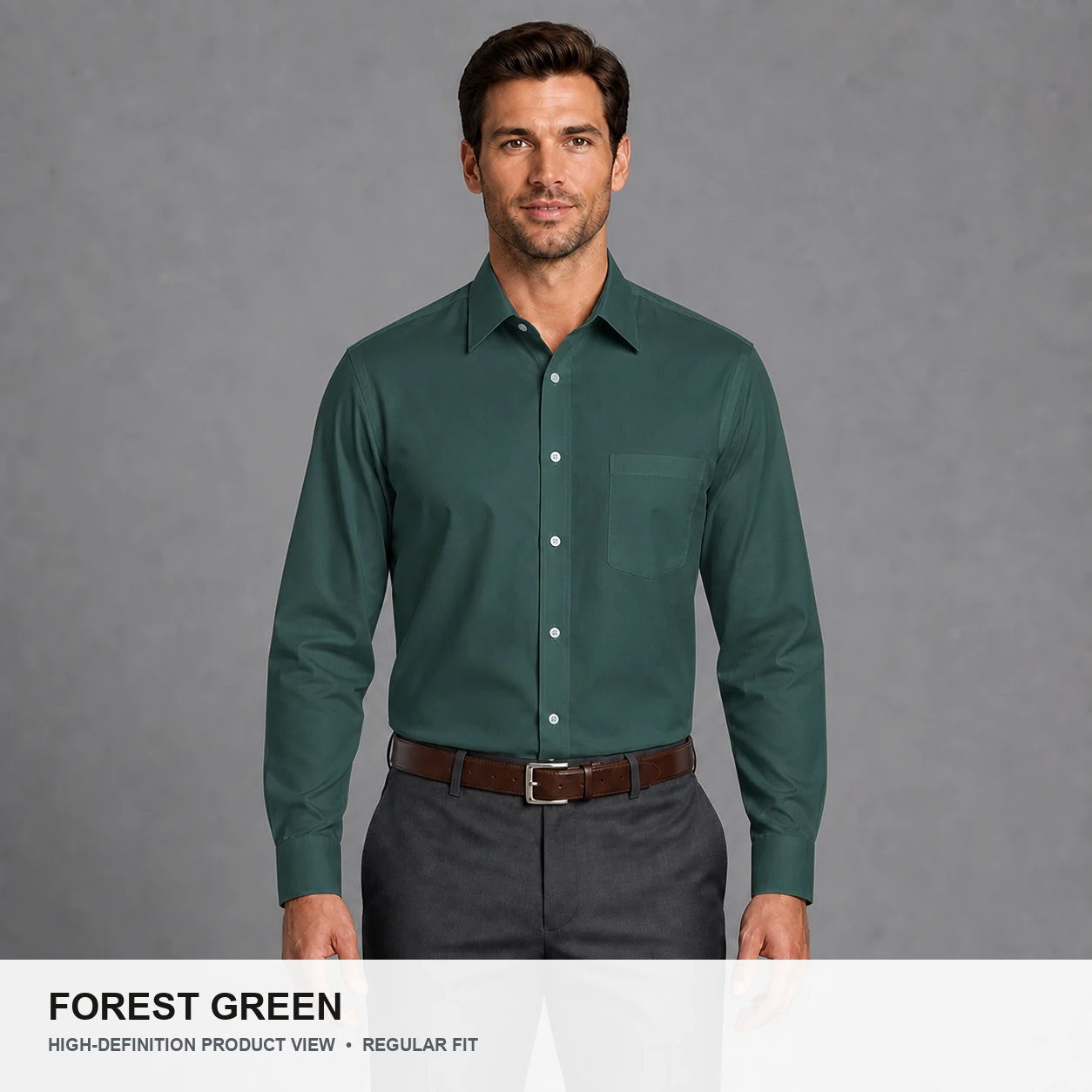 Male model wearing the Forest Green regular fit poplin dress shirt
